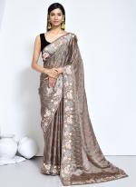 Satin Silk Dark Brown Wedding Wear Embroidery Work Saree